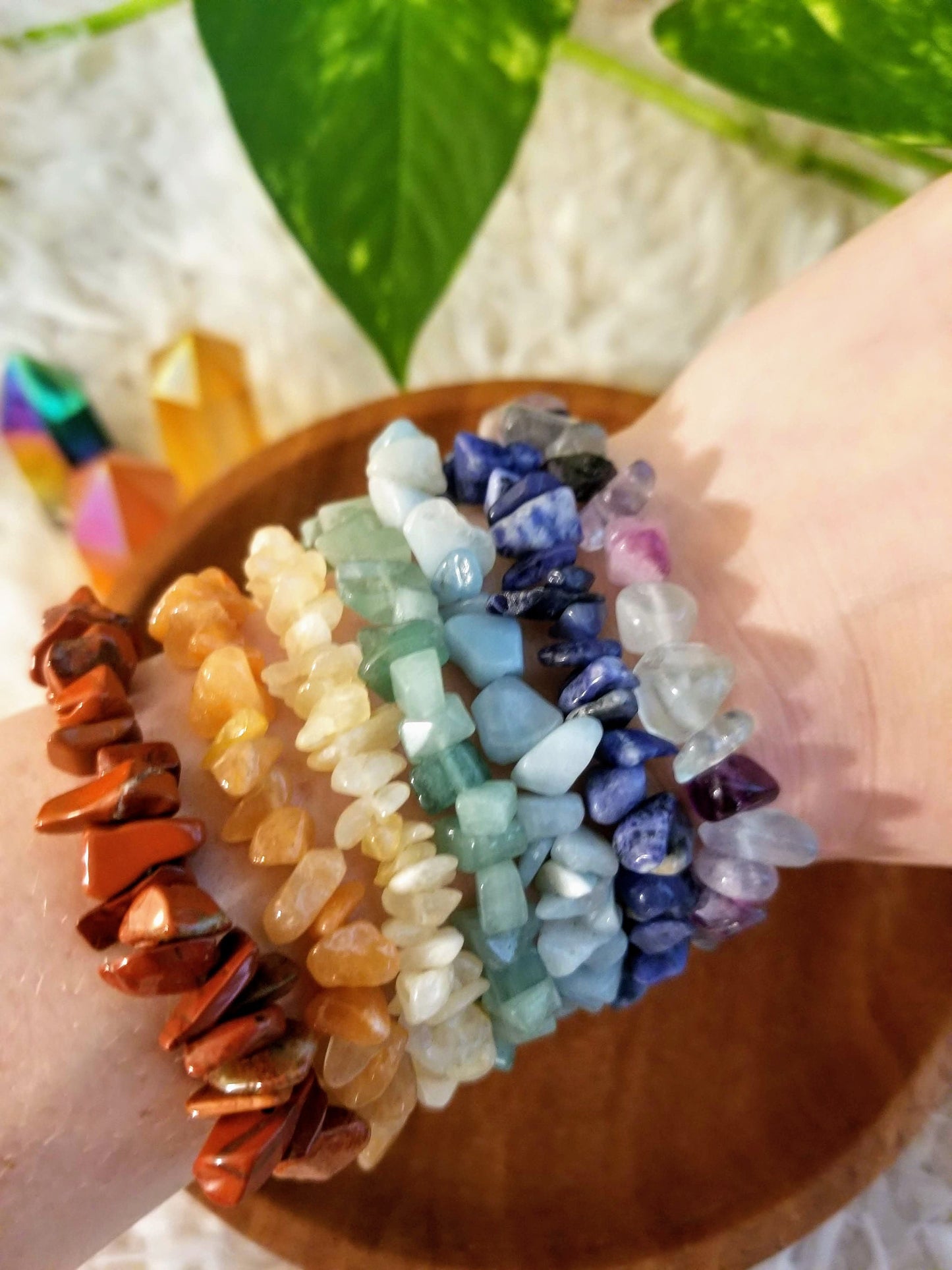 Rainbow Seven Chakra Gemstone Chip Bracelet Set