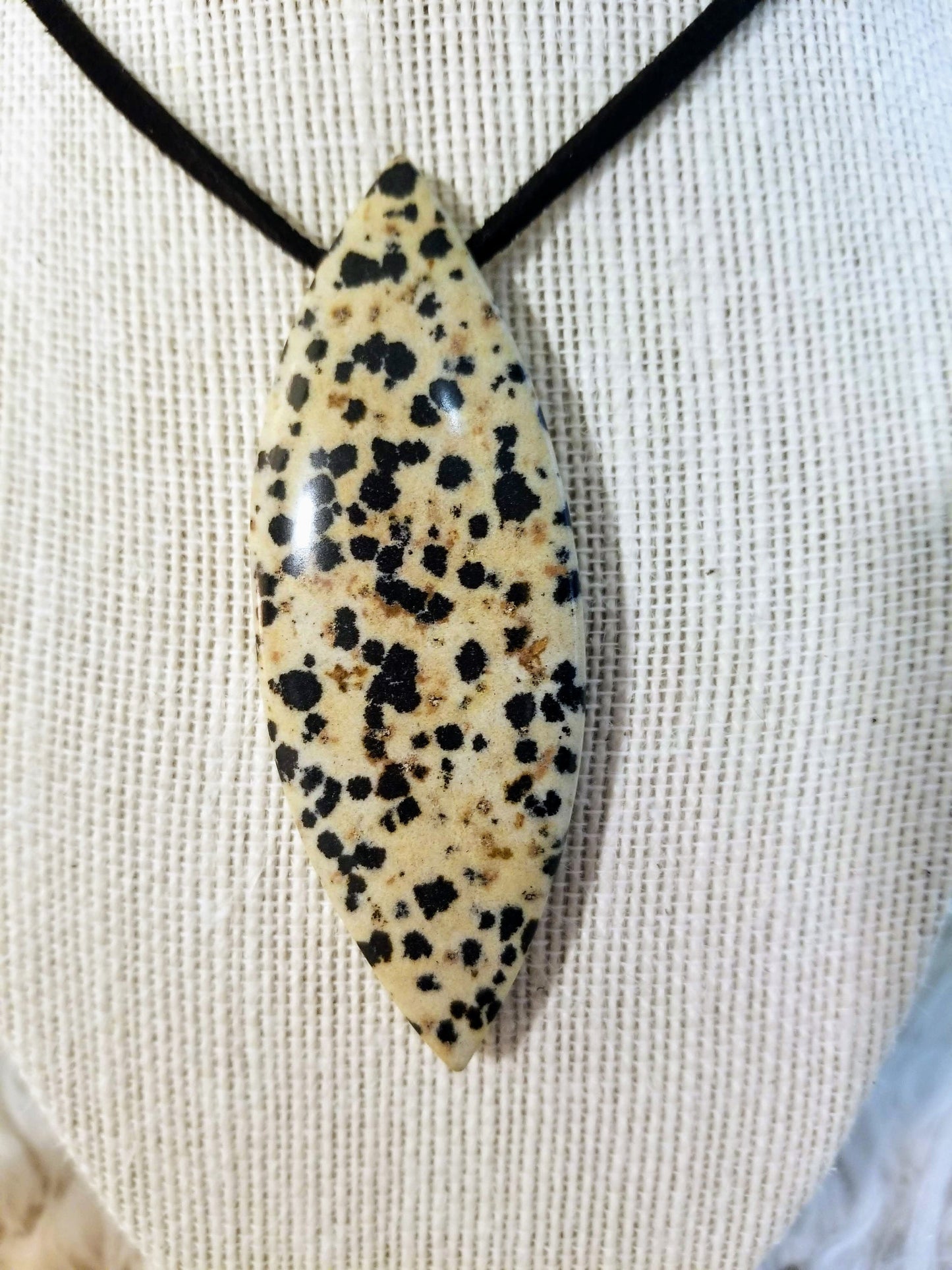 Dalmatian Jasper Gemstone Horse Eye Pendant on Suede with .925 Sterling Silver Findings & Magnetic Clasp