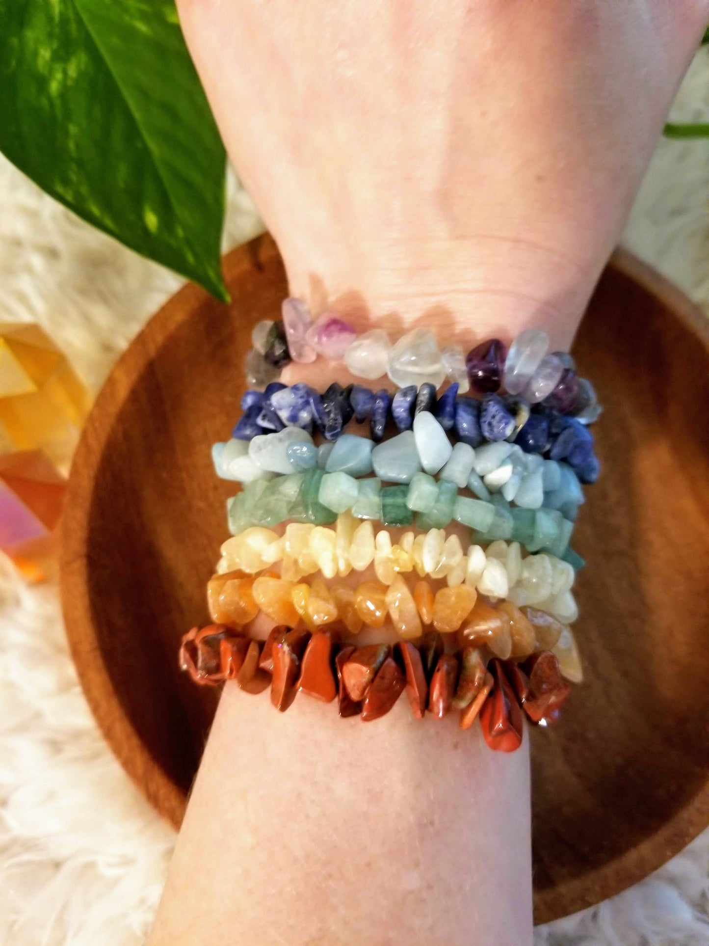 Rainbow Seven Chakra Gemstone Chip Bracelet Set