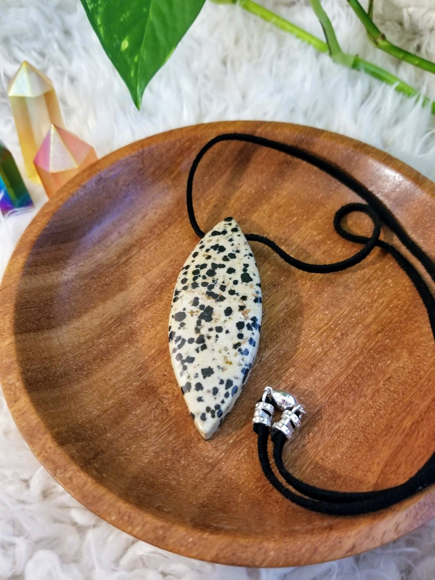 Dalmatian Jasper Gemstone Horse Eye Pendant on Suede with .925 Sterling Silver Findings & Magnetic Clasp