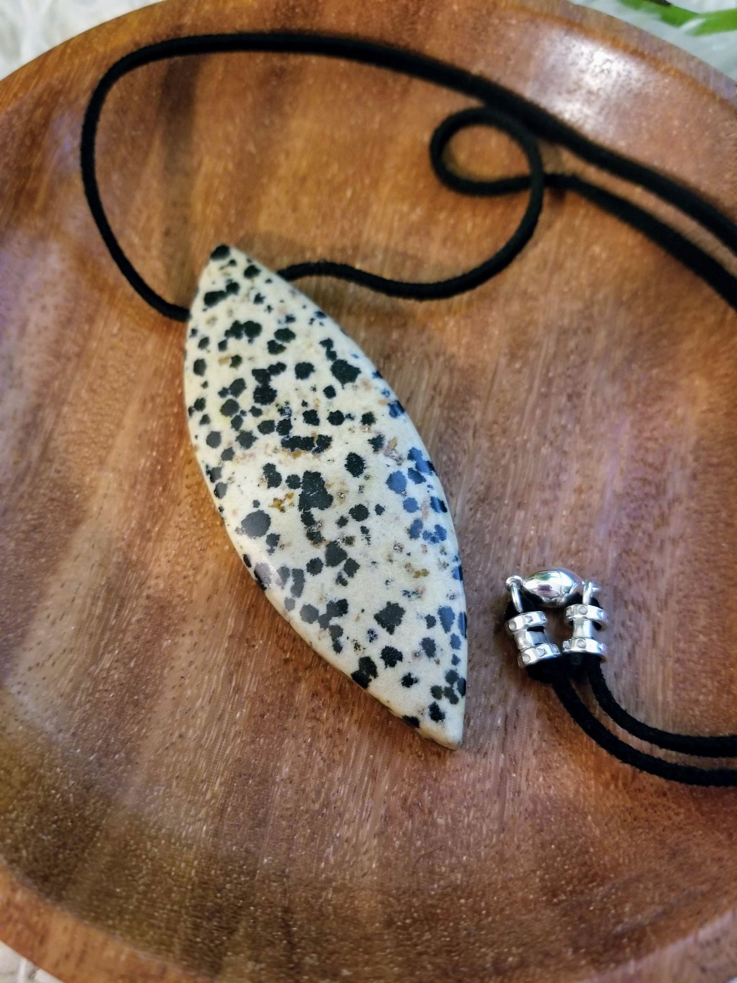 Dalmatian Jasper Gemstone Horse Eye Pendant on Suede with .925 Sterling Silver Findings & Magnetic Clasp