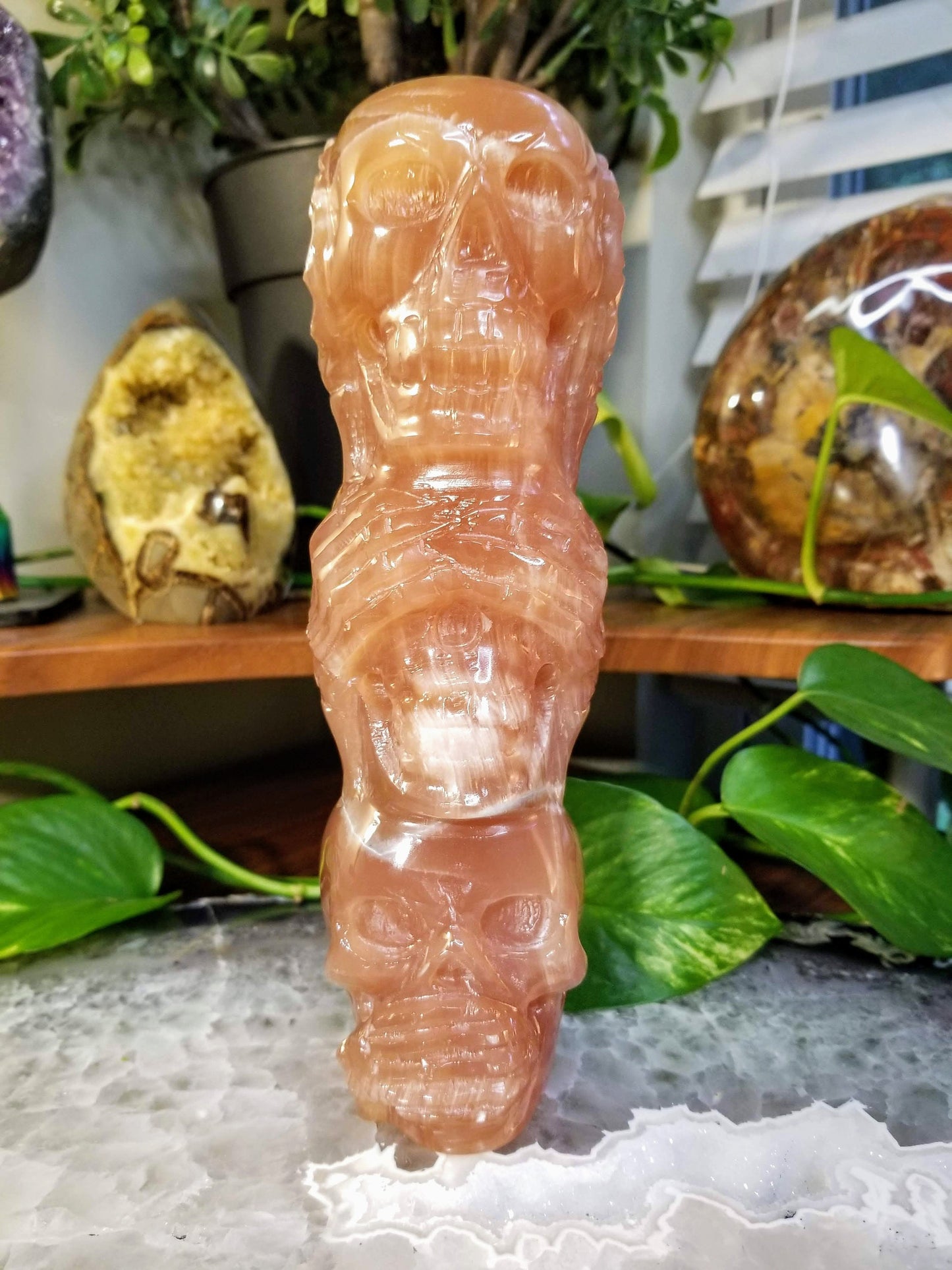 1427g "Hear No, See No, Speak No Evil"/ Blood Orange Calcite Triple Skull Carving from Pakistan/ for Crystal Healing/ Gemstone Home Decor