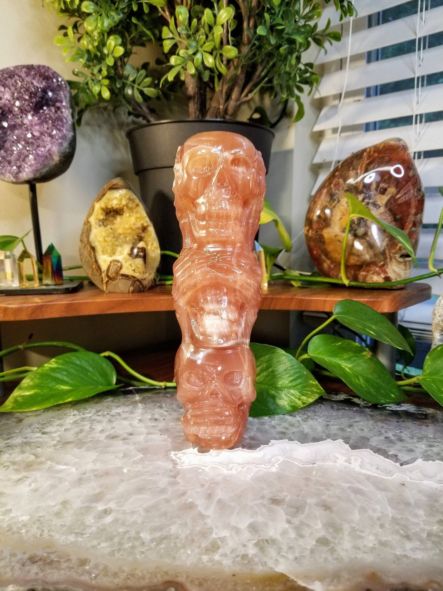 1427g "Hear No, See No, Speak No Evil"/ Blood Orange Calcite Triple Skull Carving from Pakistan/ for Crystal Healing/ Gemstone Home Decor