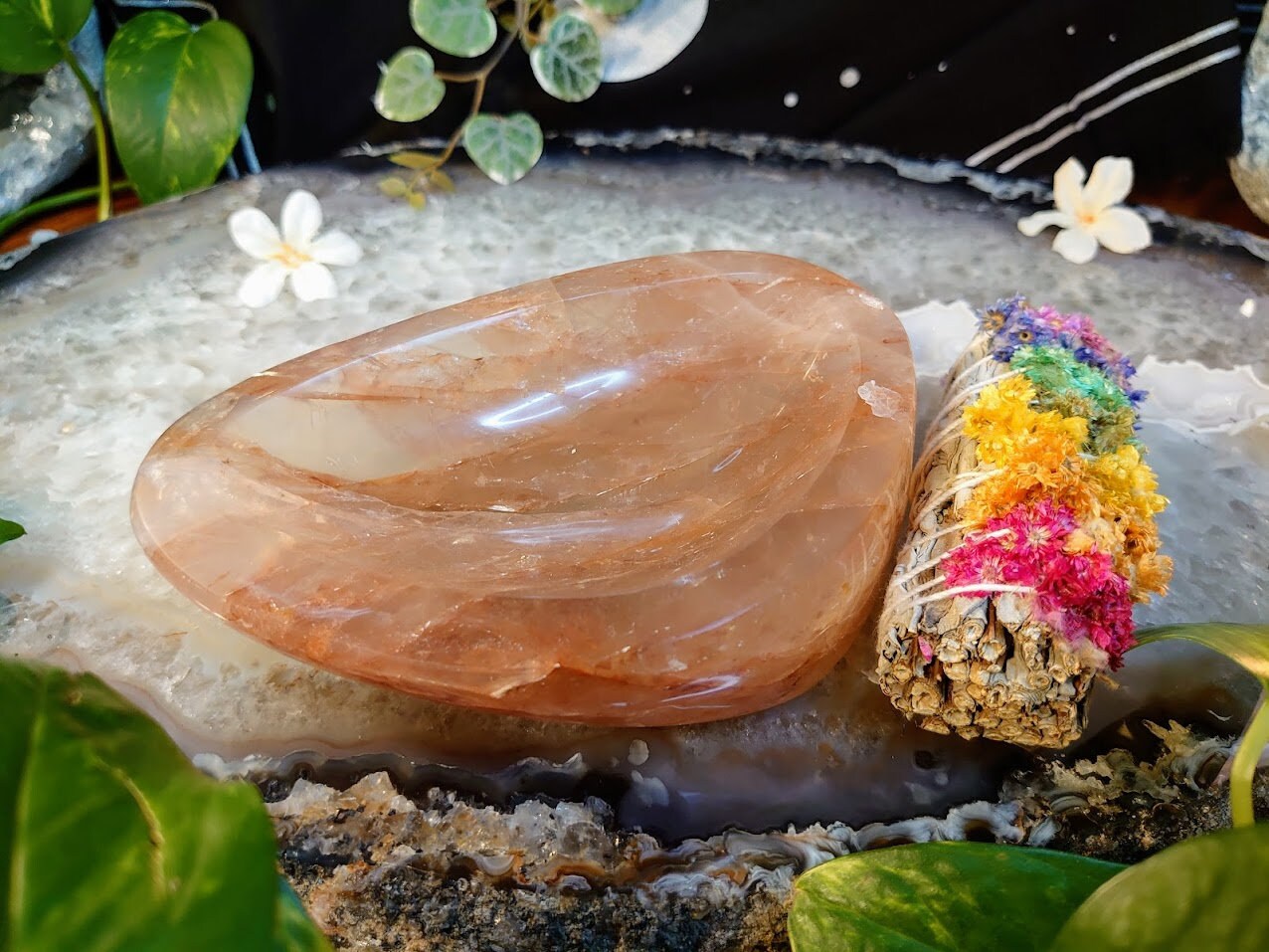 887g Beautiful Fire Quartz Bowl with Rainbows - Comes with Free White Sage Bundle - for Smudging / Incense / Offerings / Home & Altar Decor