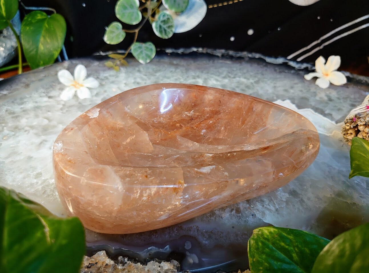 887g Beautiful Fire Quartz Bowl with Rainbows - Comes with Free White Sage Bundle - for Smudging / Incense / Offerings / Home & Altar Decor