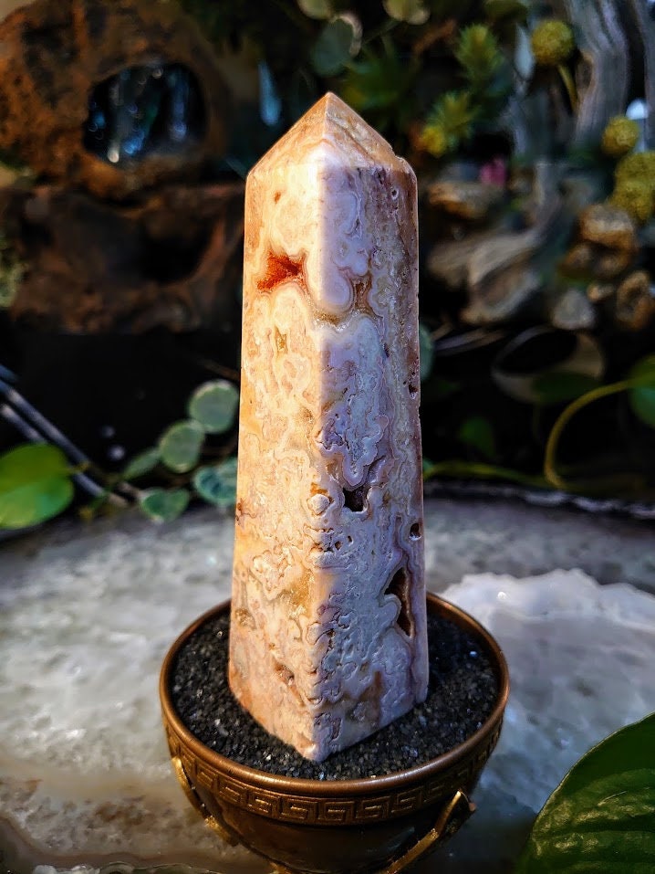 5" Crazy Lace Agate Tower with Crystal Druzy Pockets from Indonesia for Home and Altar Decor / Crystal Healing / Generator / Obelisk