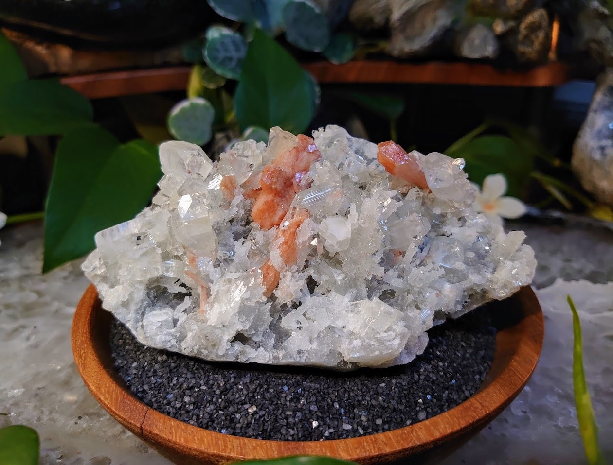 Clear Apophyllite Cluster with Dark Stilbite and Chalcedony Druzy from Maharashtra, India for Home & Altar Decoration / Reiki / Energy Work