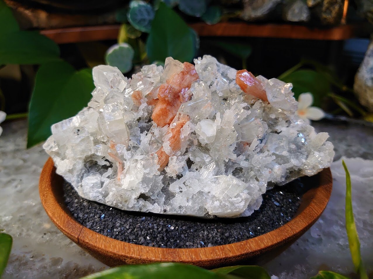 Clear Apophyllite Cluster with Dark Stilbite and Chalcedony Druzy from Maharashtra, India for Home & Altar Decoration / Reiki / Energy Work