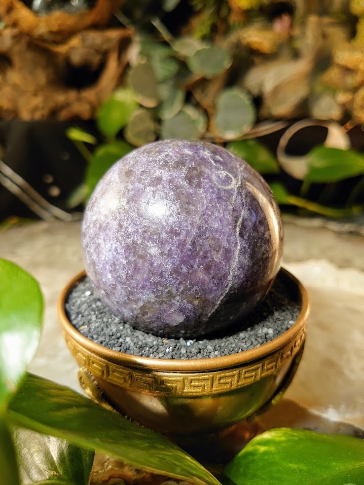 338g Lepidolite Sphere with Rubellite Inclusions and Quartz Pockets from Madagascar for Crystal Healing & Grids / Meditation / Energy Work/