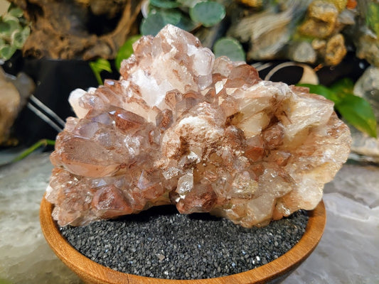 906g Red and Grey Hematoid Elestial Quartz Cluster with Black Phantoms from Zambia for Home and Altar Decor / Collection / Energy