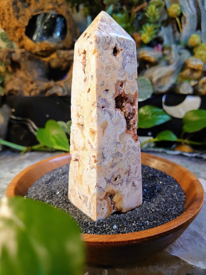 5 1/8" Crazy Lace Agate Tower with Crystal Druzy Pockets from Indonesia for Home and Altar Decor / Crystal Healing / Generator / Obelisk