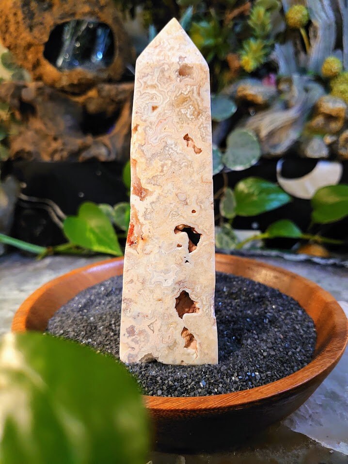 5 1/8" Crazy Lace Agate Tower with Crystal Druzy Pockets from Indonesia for Home and Altar Decor / Crystal Healing / Generator / Obelisk