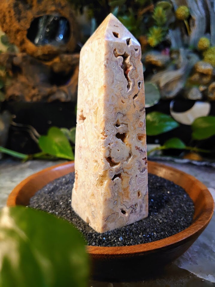 5 1/8" Crazy Lace Agate Tower with Crystal Druzy Pockets from Indonesia for Home and Altar Decor / Crystal Healing / Generator / Obelisk