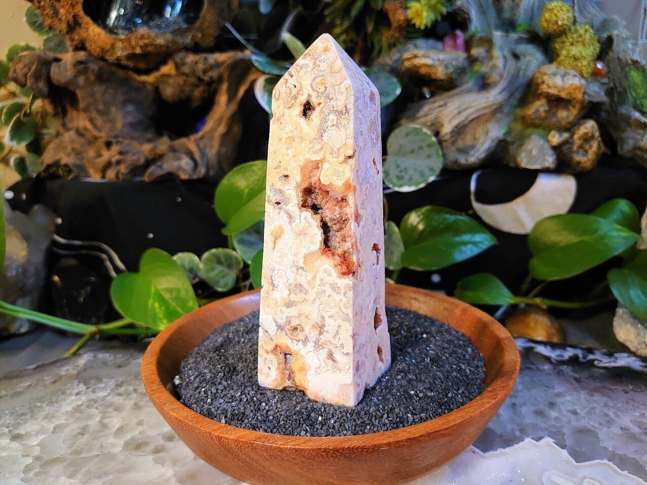 5 1/8" Crazy Lace Agate Tower with Crystal Druzy Pockets from Indonesia for Home and Altar Decor / Crystal Healing / Generator / Obelisk