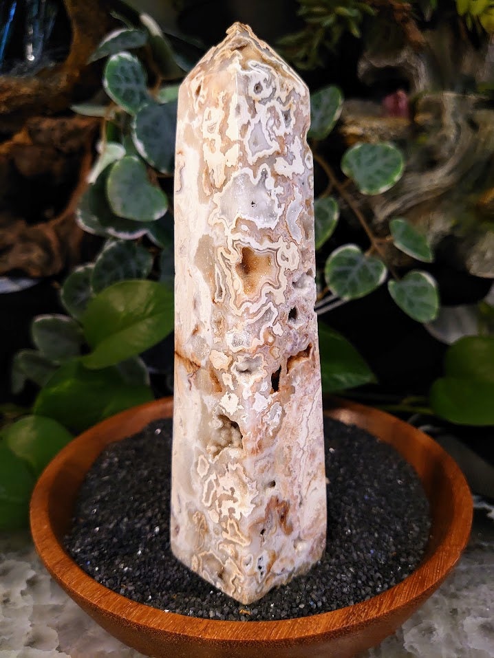 313g Crazy Lace Agate Tower with Crystal Druzy Pockets from Indonesia for Home and Altar Decor / Crystal Healing / Generator / Obelisk