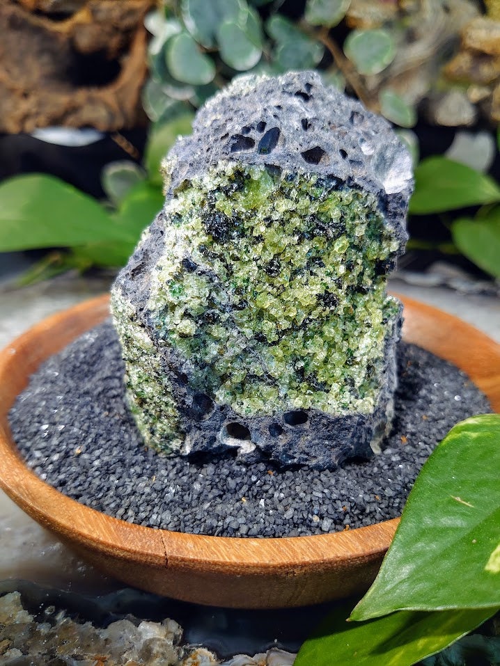 343g Peridot Druzy with Black Tourmaline on Basalt from Arizona  for Home and Altar Decor / Meditation / Reiki / Gifting / Collection