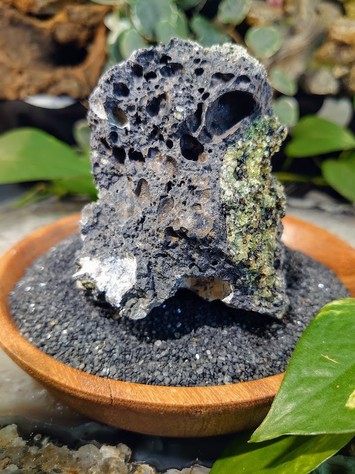 343g Peridot Druzy with Black Tourmaline on Basalt from Arizona  for Home and Altar Decor / Meditation / Reiki / Gifting / Collection