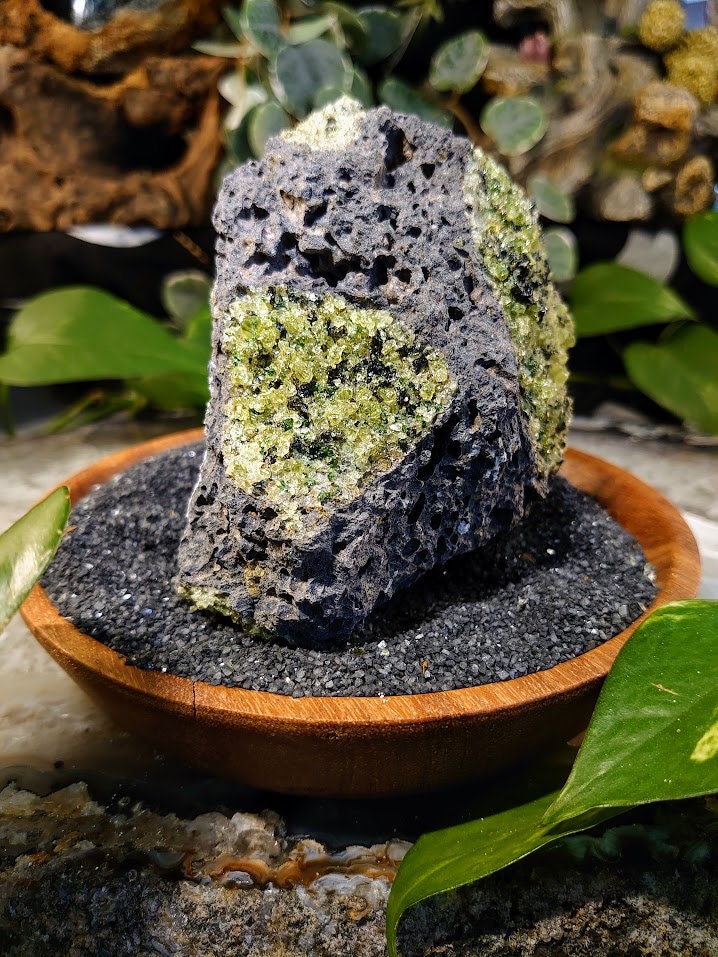 684g Peridot Druzy with Black Tourmaline on Basalt from Arizona  for Home and Altar Decor / Meditation / Reiki / Gifting / Collection