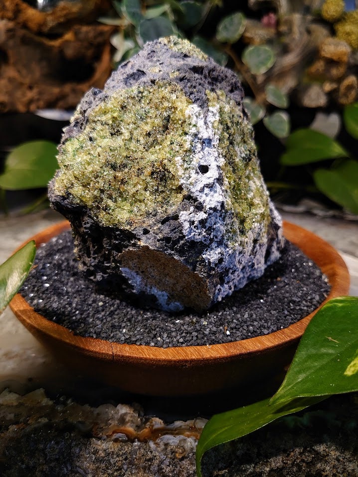 684g Peridot Druzy with Black Tourmaline on Basalt from Arizona  for Home and Altar Decor / Meditation / Reiki / Gifting / Collection