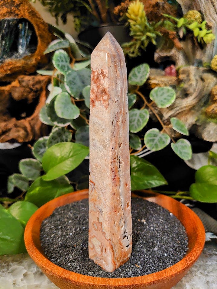 6.375" Crazy Lace Agate Tower with Crystal Druzy Pockets from Indonesia for Home and Altar Decor / Crystal Healing / Generator / Obelisk