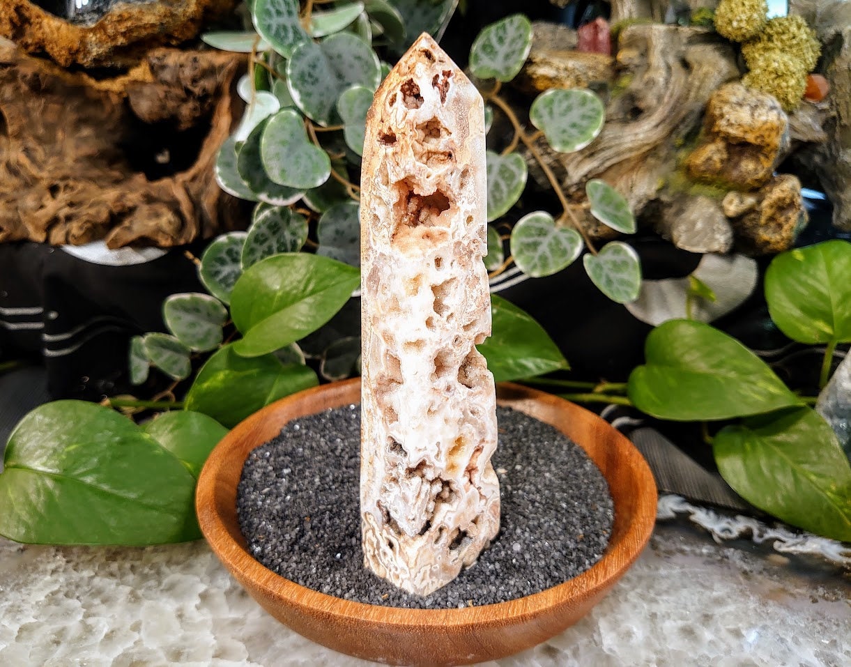 6.125" Crazy Lace Agate Tower with Crystal Druzy Pockets from Indonesia for Home and Altar Decor / Crystal Healing / Generator / Obelisk