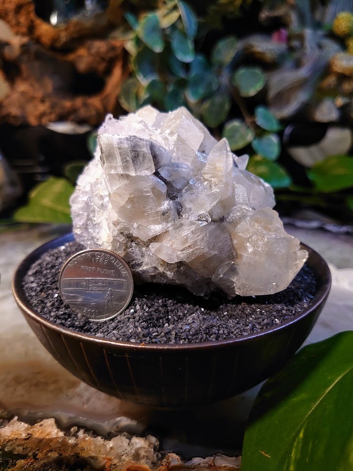 310g Clear Fluorite Cluster with Calcite Crystals and Dolomite Druzy from Emilio Mine, Asturias, Spain for Collection / Home & Altar Decor