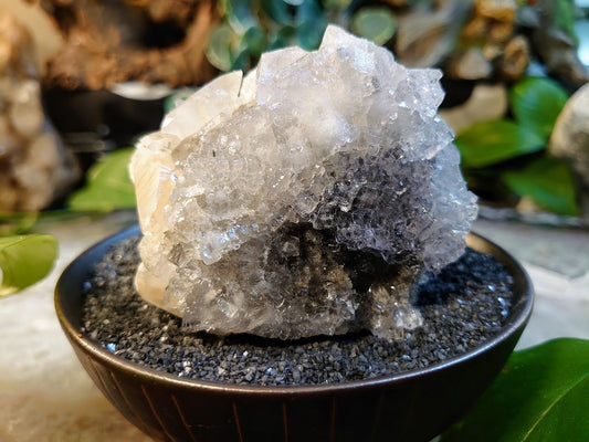 310g Clear Fluorite Cluster with Calcite Crystals and Dolomite Druzy from Emilio Mine, Asturias, Spain for Collection / Home & Altar Decor