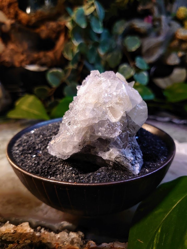 310g Clear Fluorite Cluster with Calcite Crystals and Dolomite Druzy from Emilio Mine, Asturias, Spain for Collection / Home & Altar Decor