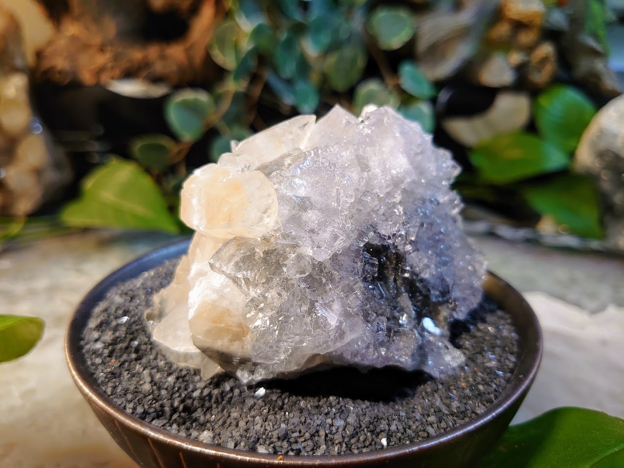 310g Clear Fluorite Cluster with Calcite Crystals and Dolomite Druzy from Emilio Mine, Asturias, Spain for Collection / Home & Altar Decor