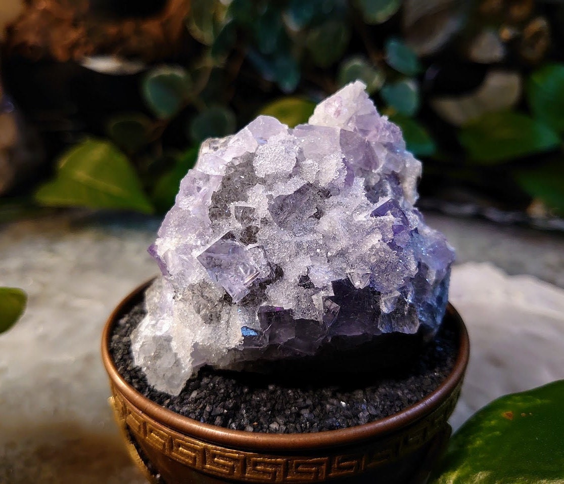 181g Clear Fluorite Cluster with Chalcedony Druzy from Emilio Mine, Asturias, Spain for Collection / Home & Altar Decor