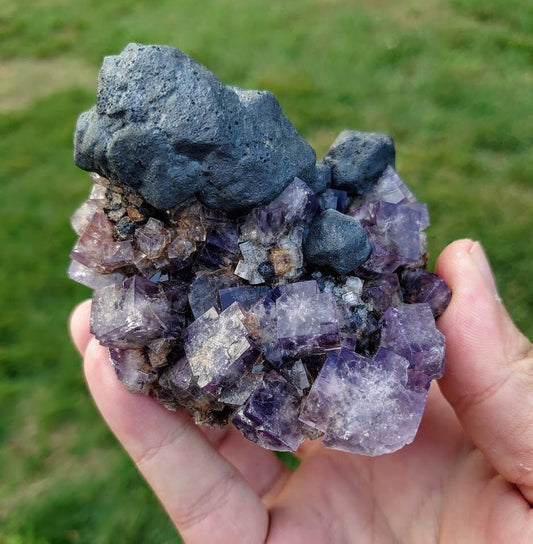 586g Purple Fluorite Cluster "Purple Rain Pocket" with Large Galena Formation From United Kingdom for Altar Decor / Meditation / Collection