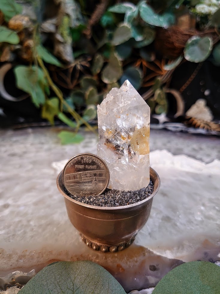 55.3g Tibetan Double Terminated Quartz Point with Moving Carbon/Enhydro for Home & Altar Decor / Meditation / Reiki / Collection