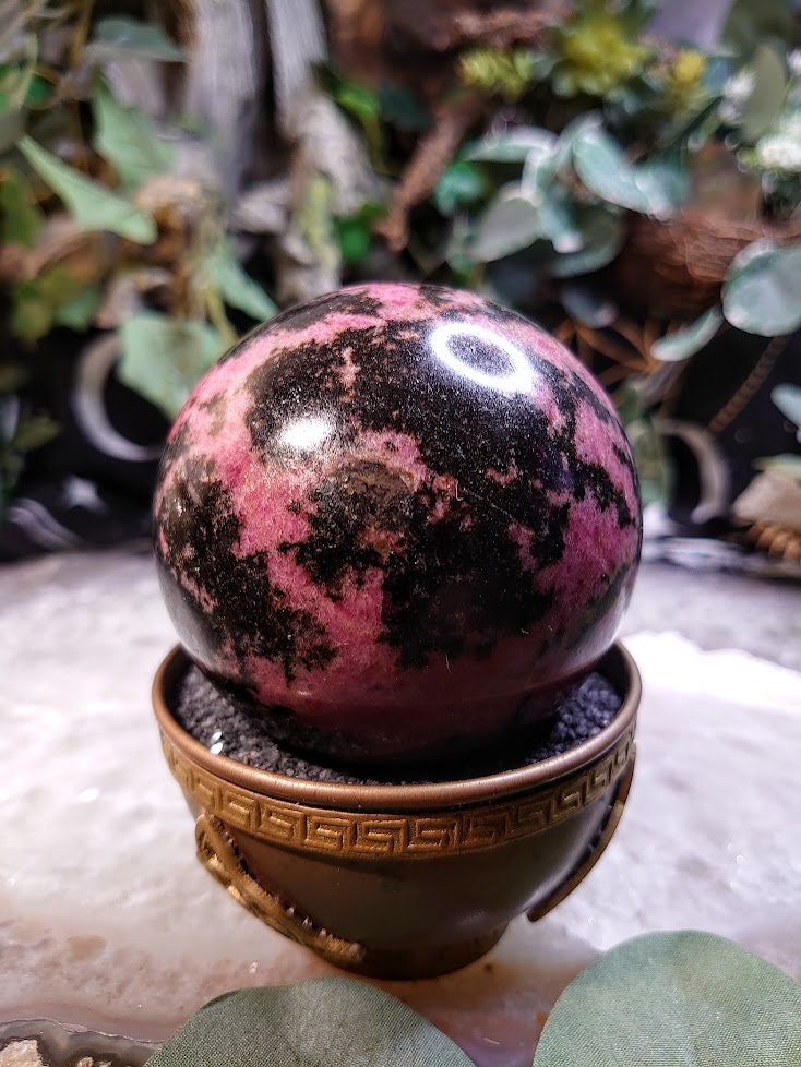 3" Rhodonite Sphere with Black Manganese from Madagascar for Crystal Healing/ Reiki/ Meditation/ Home & Altar Decor