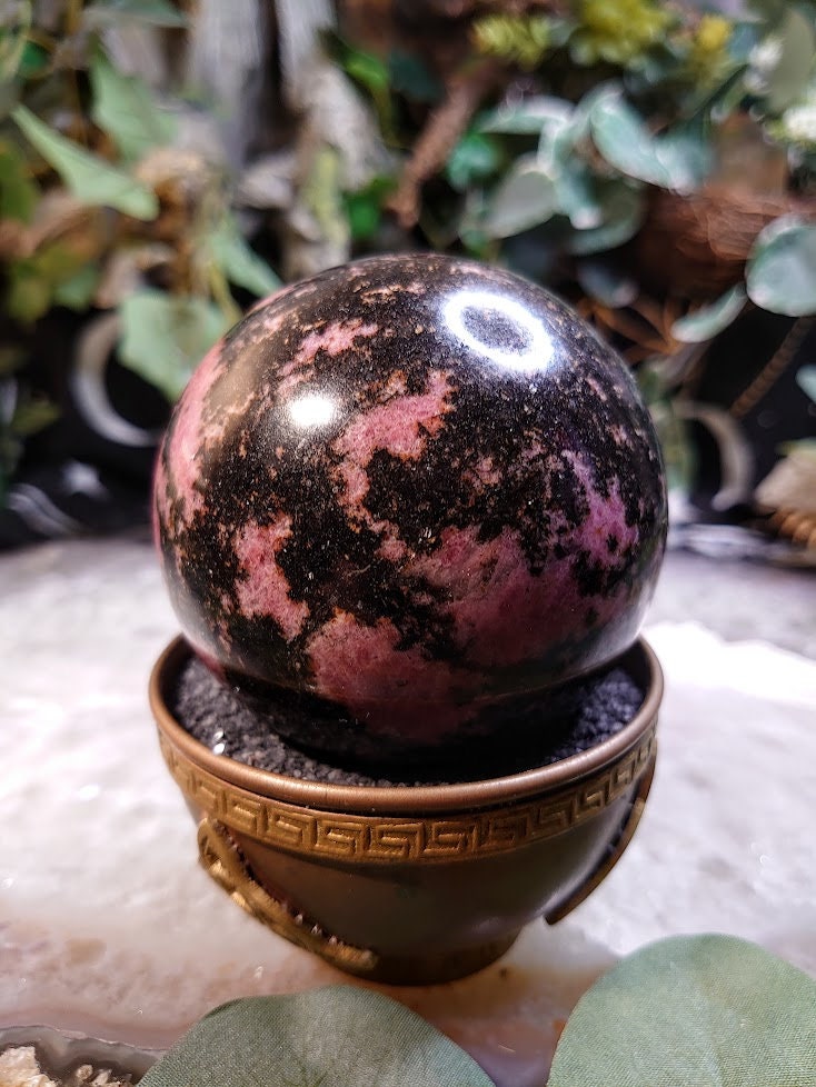 3" Rhodonite Sphere with Black Manganese from Madagascar for Crystal Healing/ Reiki/ Meditation/ Home & Altar Decor