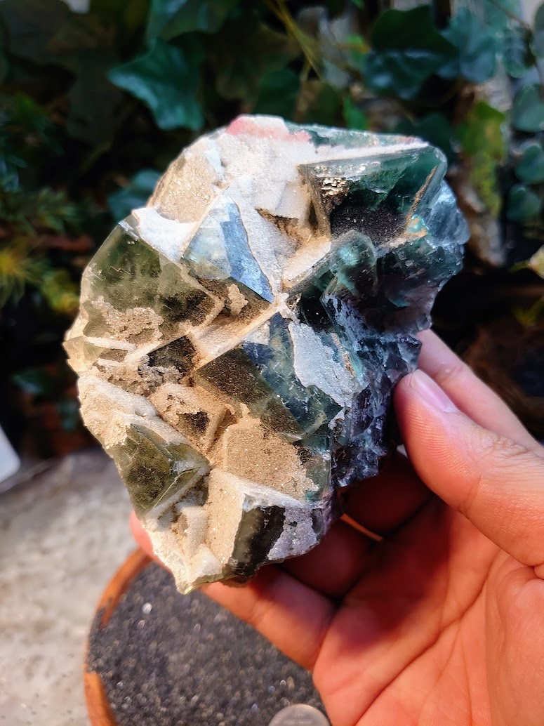 Green Fluorite Crystals with Calcite Coating from Mandrosonoro, Madagascar for Altar Decor / 777g / Meditation / Collection / Energy Work