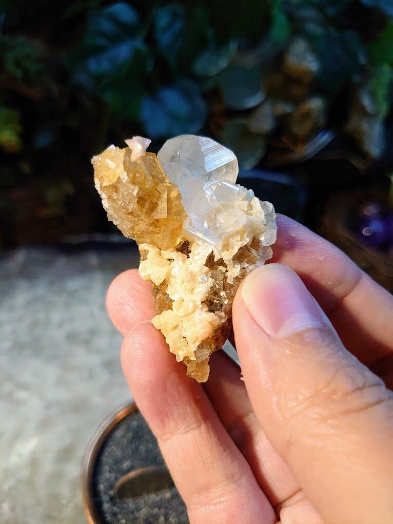 Beautiful Golden Yellow Fluorite Cluster with Calcite and Barite Crystals From Moscona Mine, Spain for Collection / 41.70g