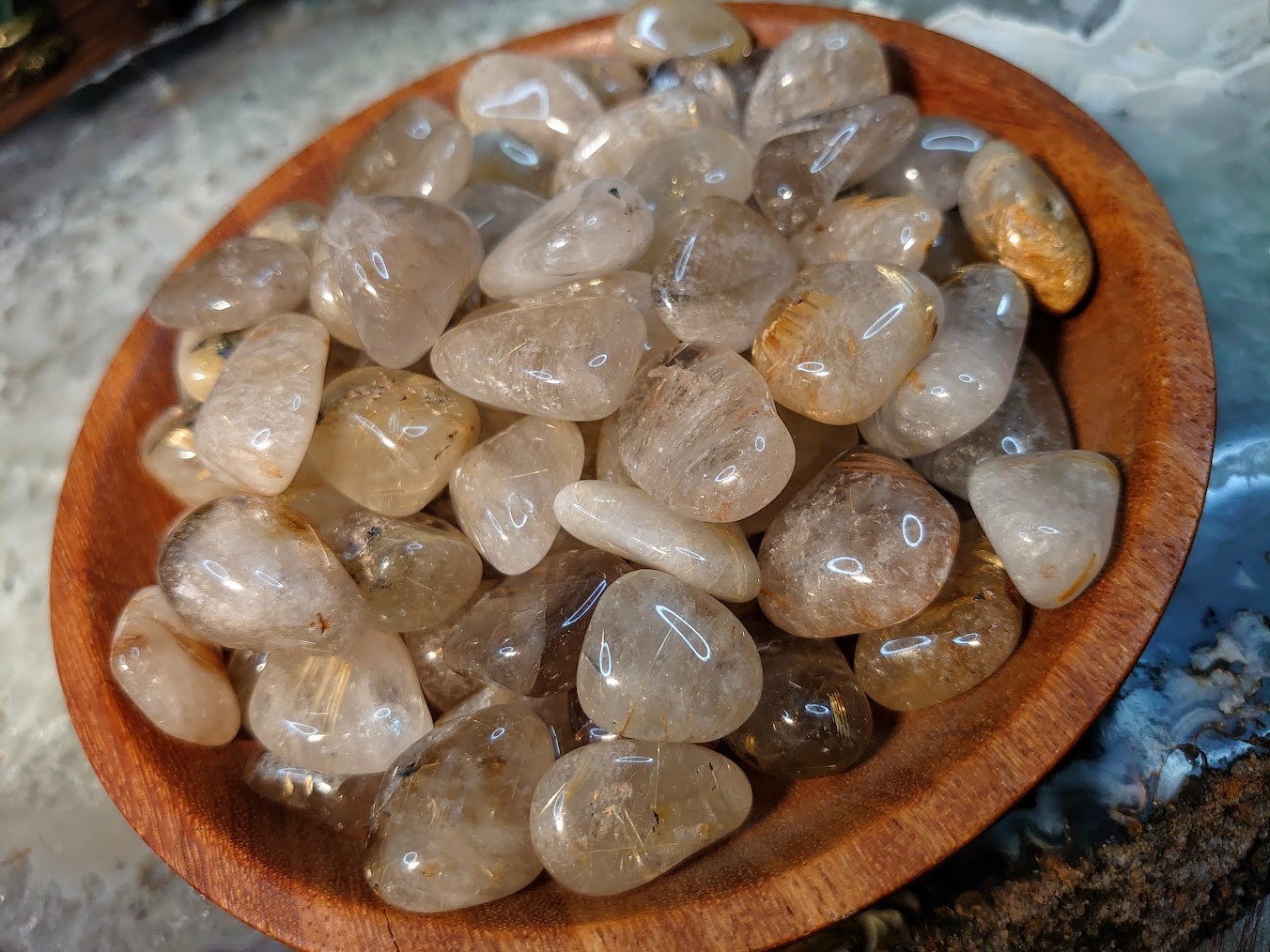 Rutilated Clear Quartz Tumbled Stone from Brazil / Polished Pebbles/ for Crystal Healing & Grids/ Golden Rutile / Meditation/ Energy Work