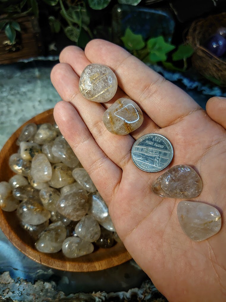 Rutilated Clear Quartz Tumbled Stone from Brazil / Polished Pebbles/ for Crystal Healing & Grids/ Golden Rutile / Meditation/ Energy Work