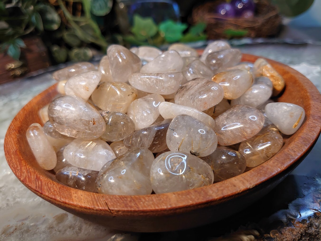 Rutilated Clear Quartz Tumbled Stone from Brazil / Polished Pebbles/ for Crystal Healing & Grids/ Golden Rutile / Meditation/ Energy Work