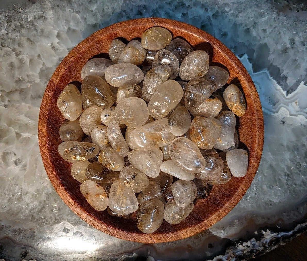 Rutilated Clear Quartz Tumbled Stone from Brazil / Polished Pebbles/ for Crystal Healing & Grids/ Golden Rutile / Meditation/ Energy Work