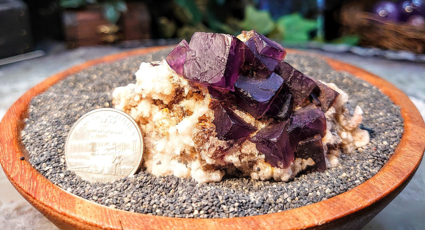 Dark Purple Fluorite Cluster with Calcite on Matrix from Kharan, Baluchistan, Pakistan for Collection / 70.57g / Home and Altar Decor