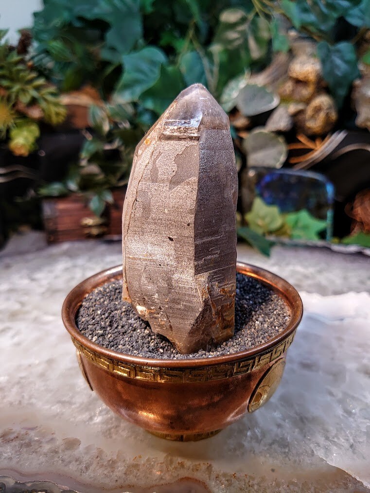 3 3/4" Calcite Coated Smoky Quartz Point with Phantom from Malawi for Home and Altar Decor / 175g / Collection / Meditation