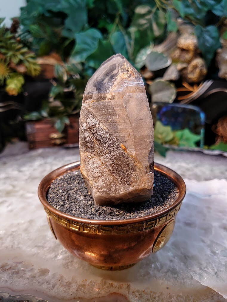 3 3/4" Calcite Coated Smoky Quartz Point with Phantom from Malawi for Home and Altar Decor / 175g / Collection / Meditation