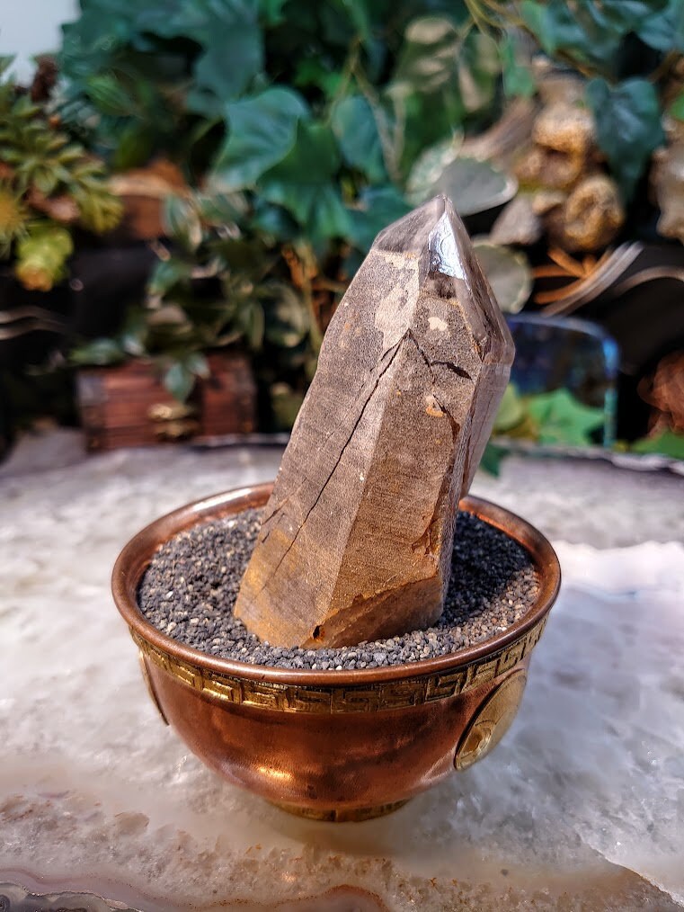 3 3/4" Calcite Coated Smoky Quartz Point with Phantom from Malawi for Home and Altar Decor / 175g / Collection / Meditation