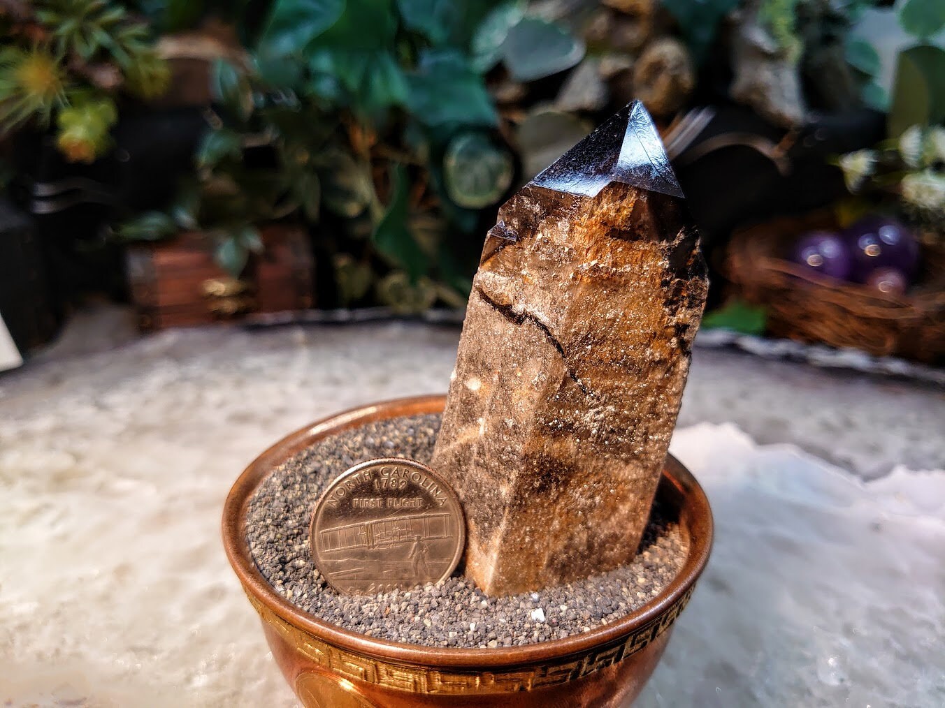 3 3/4" Calcite Coated Smoky Quartz Point with Phantom from Malawi for Home and Altar Decor / 184g / Collection