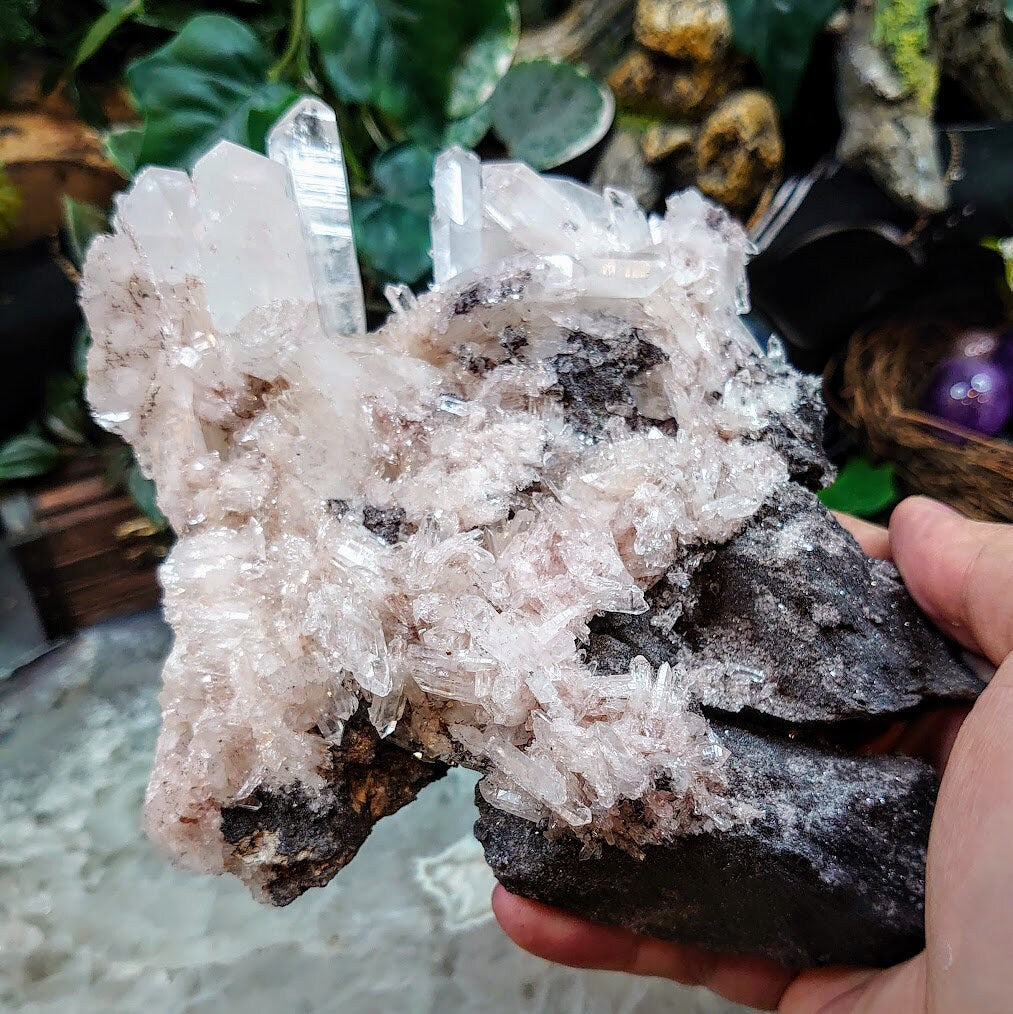 Double Terminated Tabular Point on Colombian Pink Quartz Cluster with Matrix / 728g / Lithium / for Crystal Healing / Home and Altar Decor