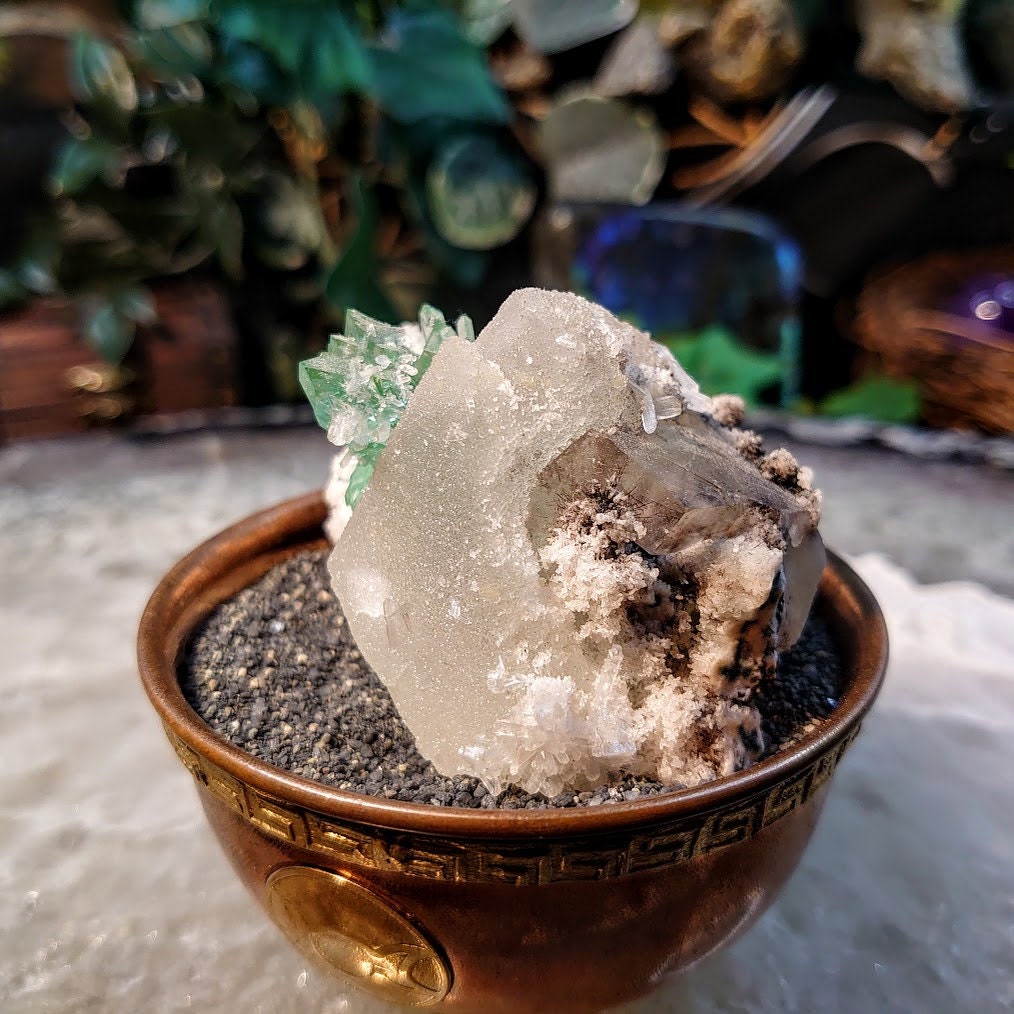 Incredible Green Apophyllite Bowtie on Chalcedony and Smoky Calcite Cluster for Altar Decor / 132g / Collectors / Small Cabinet Specimen