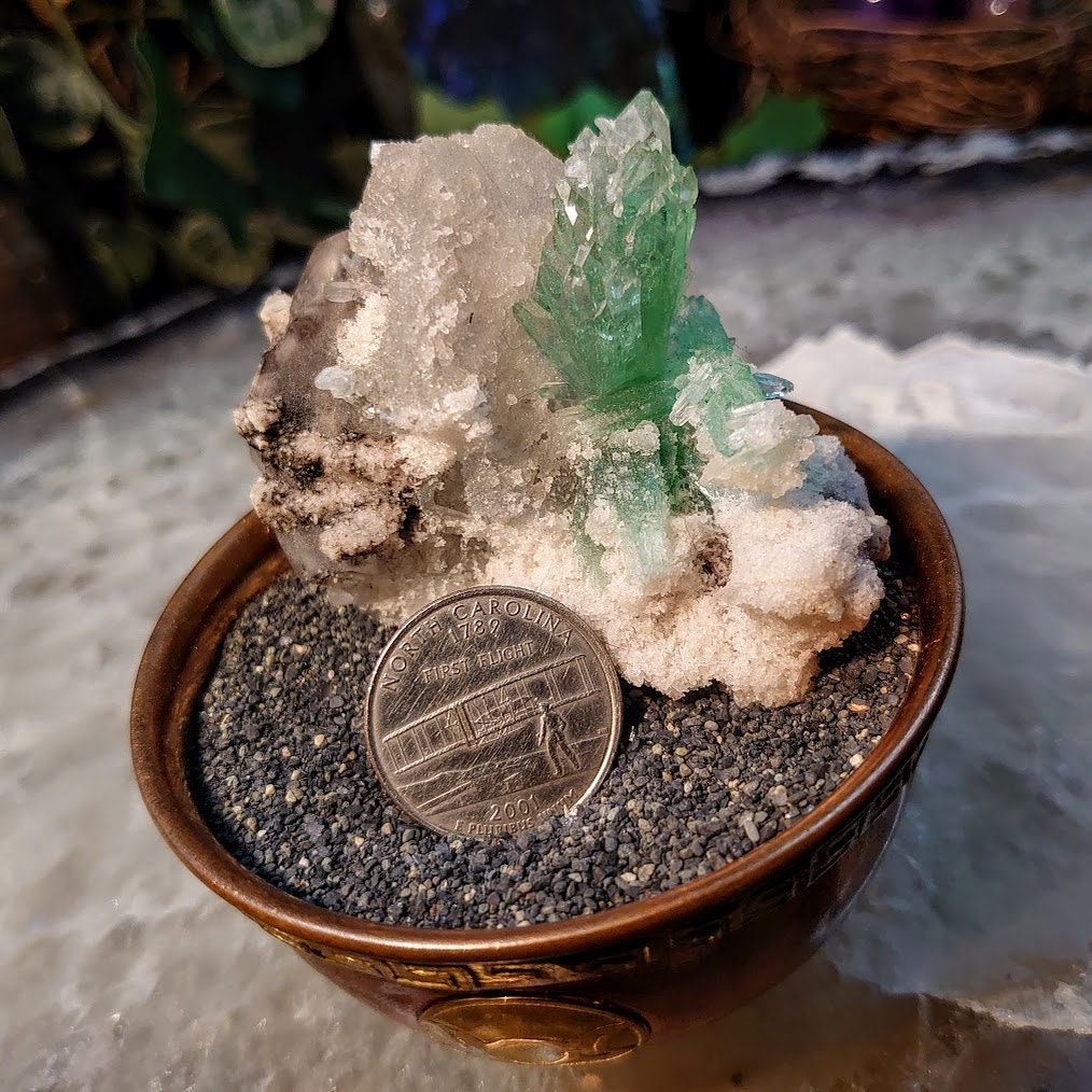 Incredible Green Apophyllite Bowtie on Chalcedony and Smoky Calcite Cluster for Altar Decor / 132g / Collectors / Small Cabinet Specimen