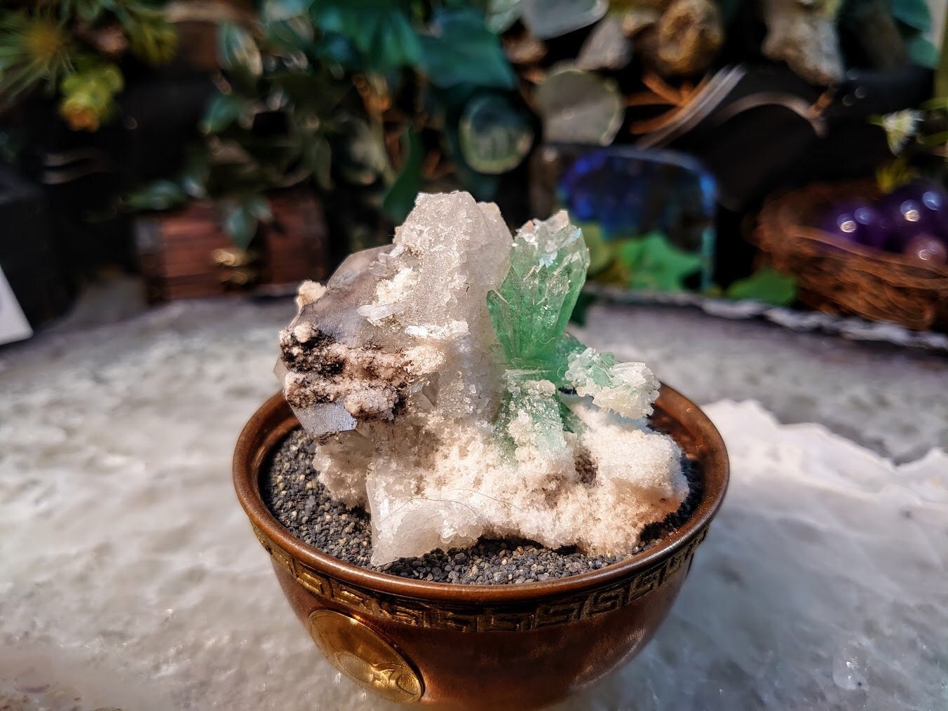 Incredible Green Apophyllite Bowtie on Chalcedony and Smoky Calcite Cluster for Altar Decor / 132g / Collectors / Small Cabinet Specimen