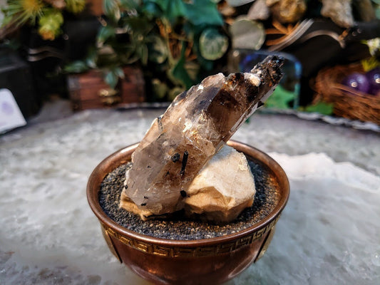 Natural Smoky Quartz Crystal with Aegirine Rods and Black Tips on Feldspar Matrix from Malawi, Africa for Collection / 146g / Morion Quartz